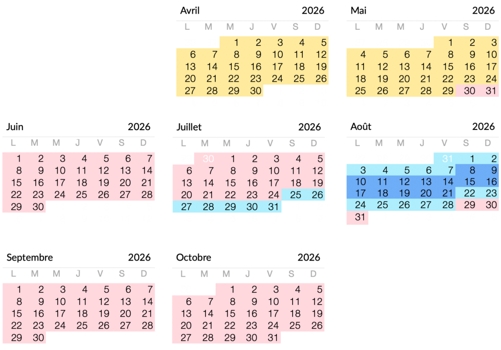 Calendrier des saisons 2026 : basse, moyenne et haute saison et mi-août